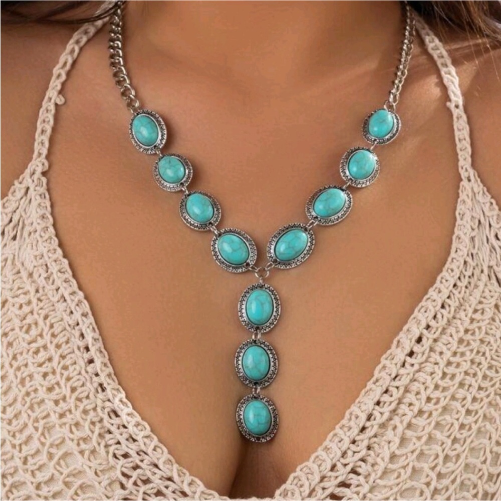 ⭐️ Western Boho Lariat Y Shape Silver and Faux Turquoise Drop Necklace NWOT - Picture 1 of 13
